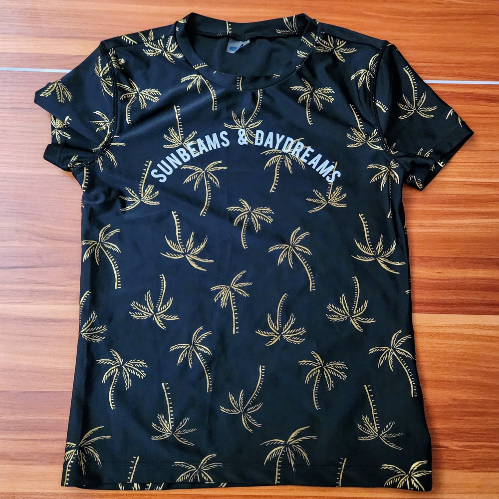 Old Navy Youth Large rashguard swim shirt. Black & Gold palm tree print